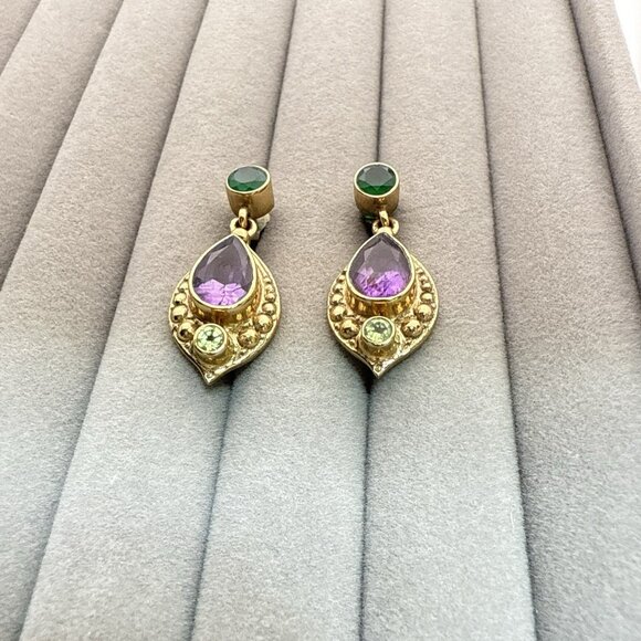 Nicky Butler Earrings Green Purple Drop Gold Vermeil over Sterling Silver 925 - Picture 3 of 10